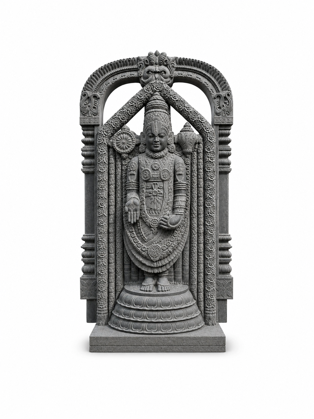 A gray stone or concrete sculpture of a Hindu deity standing inside an ornate arched frame, isolated on a white background.