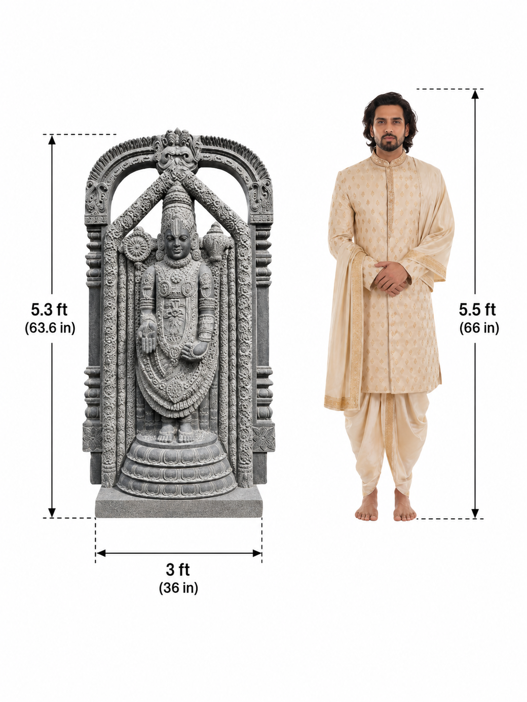 A carved gray stone deity statue shown next to a man wearing a light beige traditional outfit, with measurement labels indicating the statue is 5.3 ft tall by 3 ft wide and the man is 5.