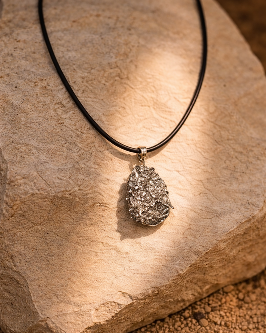 Necklace with a textured pendant on a stone surface