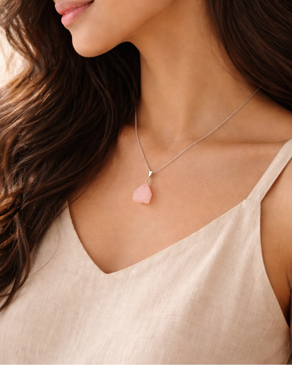 Woman wearing a necklace with a pink heart pendant