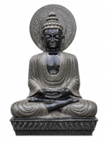Sri Meditating Buddha with Prabhamandala Black Stone Statue