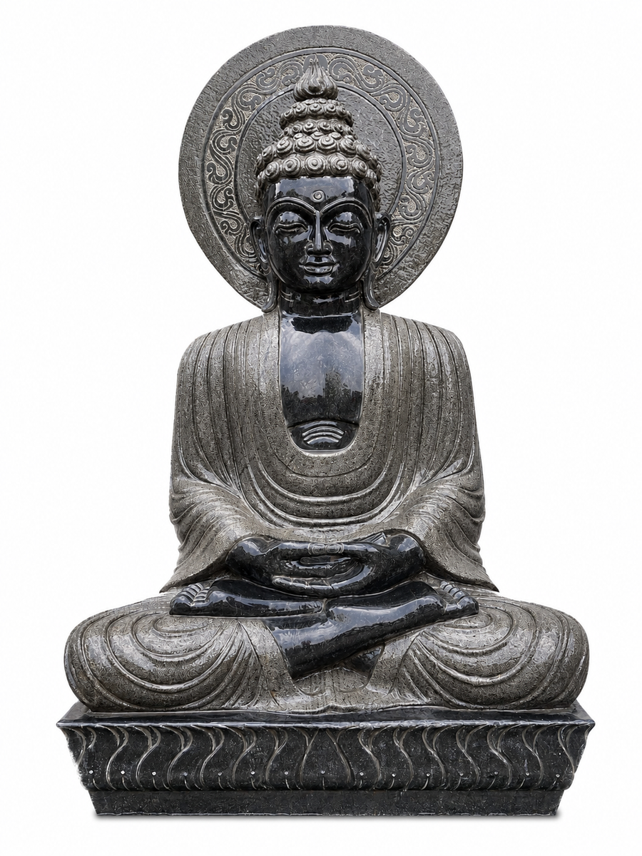 Sri Meditating Buddha with Prabhamandala Black Stone Statue