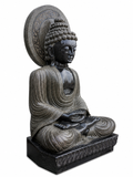 Sri Meditating Buddha with Prabhamandala Black Stone Statue