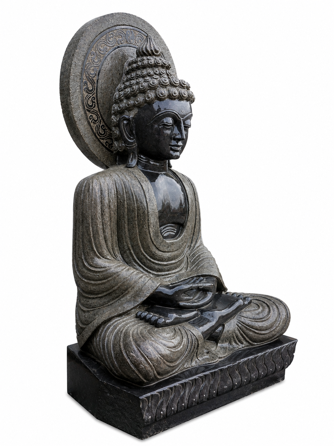 Sri Meditating Buddha with Prabhamandala Black Stone Statue