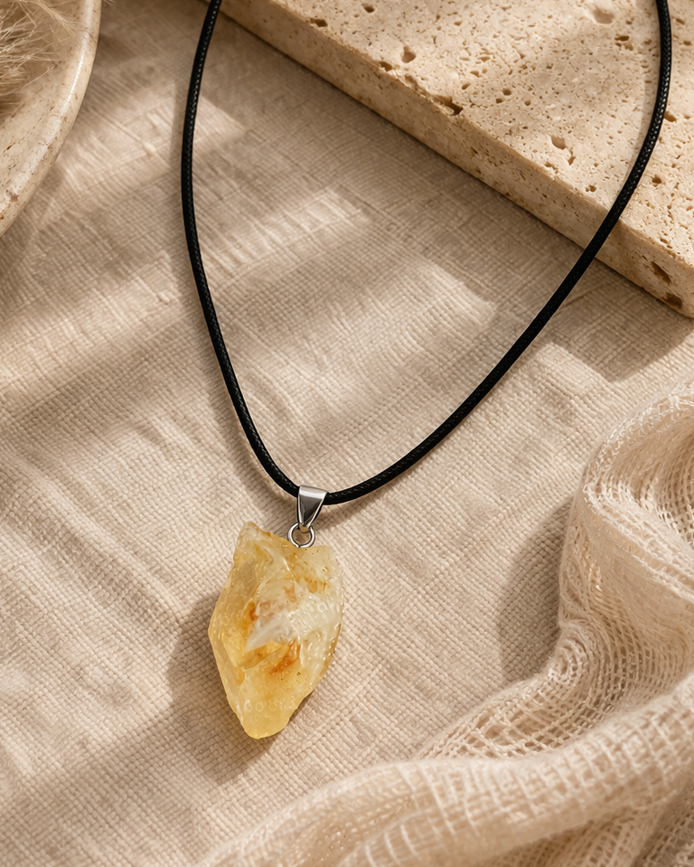 Raw Citrine Pendant Black Cord