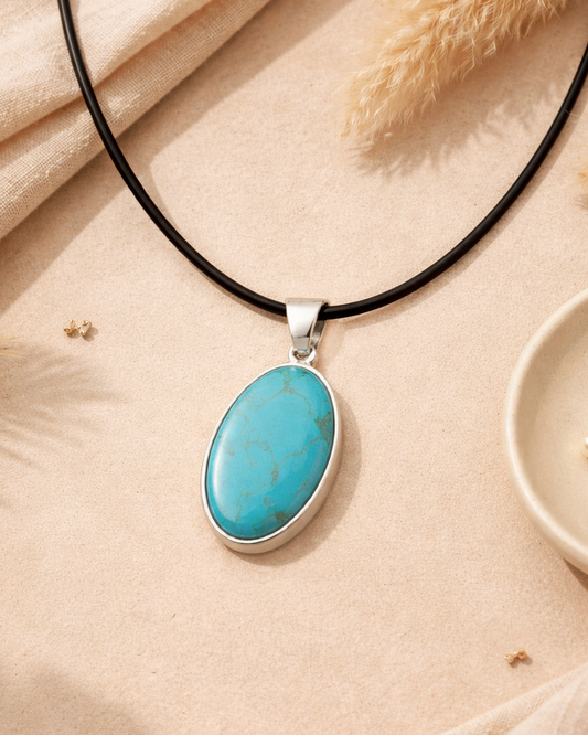 Natural Turquoise Stone Locket Black Cord Necklace