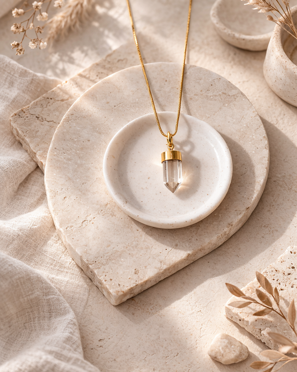clear quartz mens pendant on chain showing transparent crystal stone