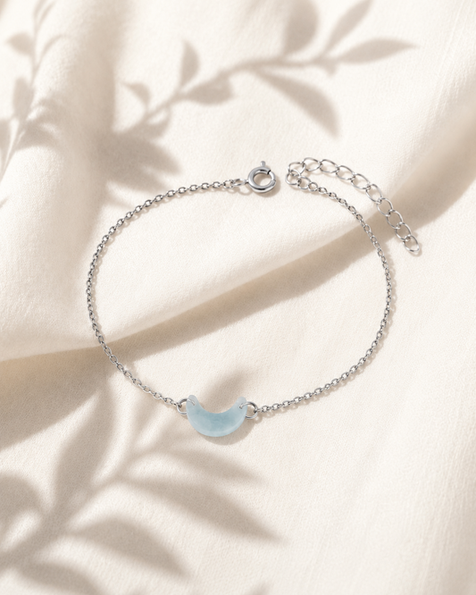 natural aquamarine crescent moon bracelet on display rex stones