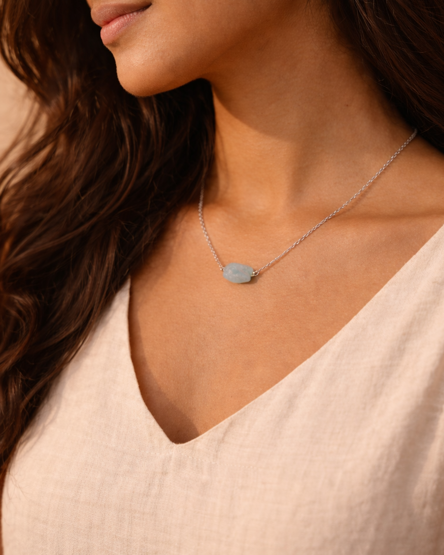natural aquamarine crystal pendant necklace worn rex stones