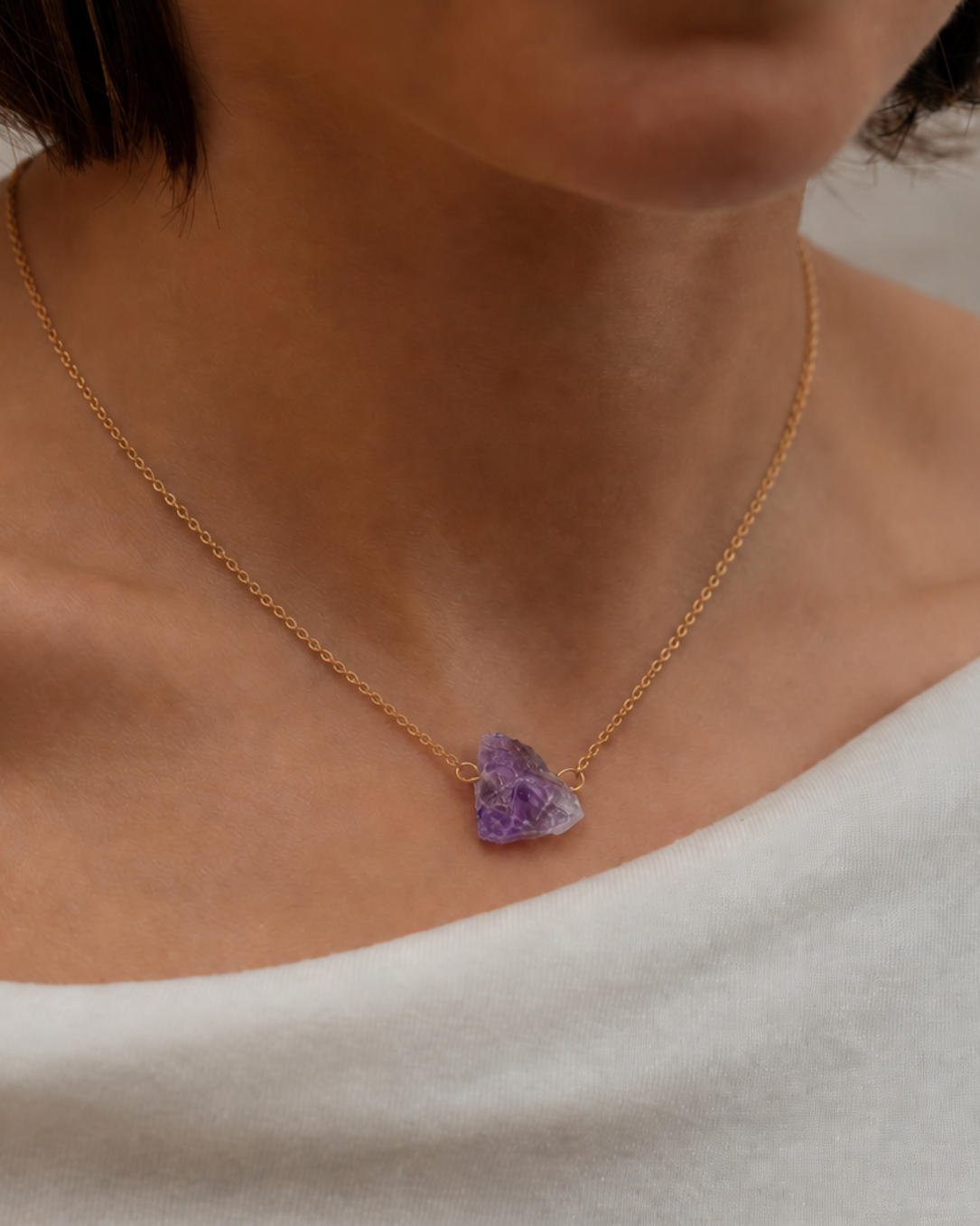 close up of natural raw amethyst stone necklace rex stones