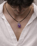 person wearing natural raw amethyst stone pendant necklace rex stones