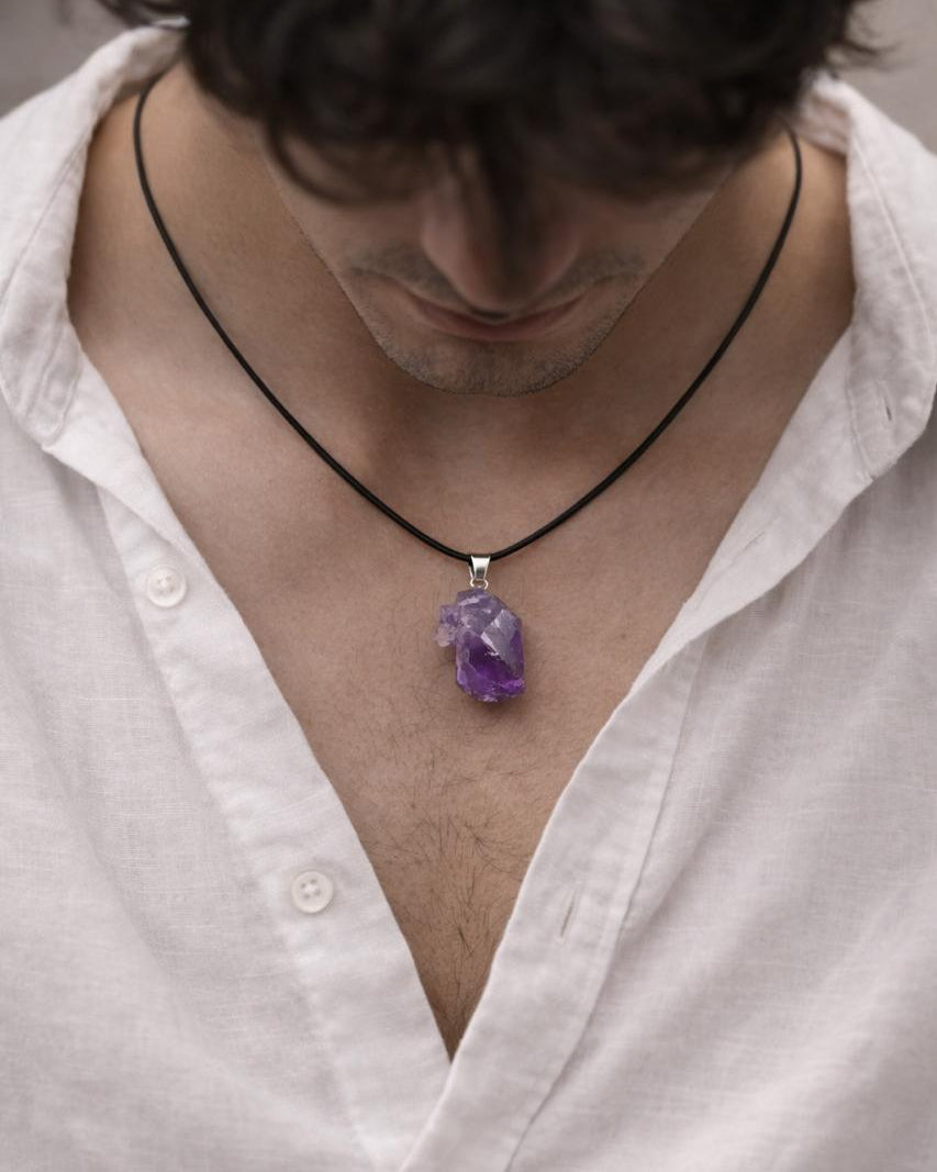 person wearing natural raw amethyst stone pendant necklace rex stones