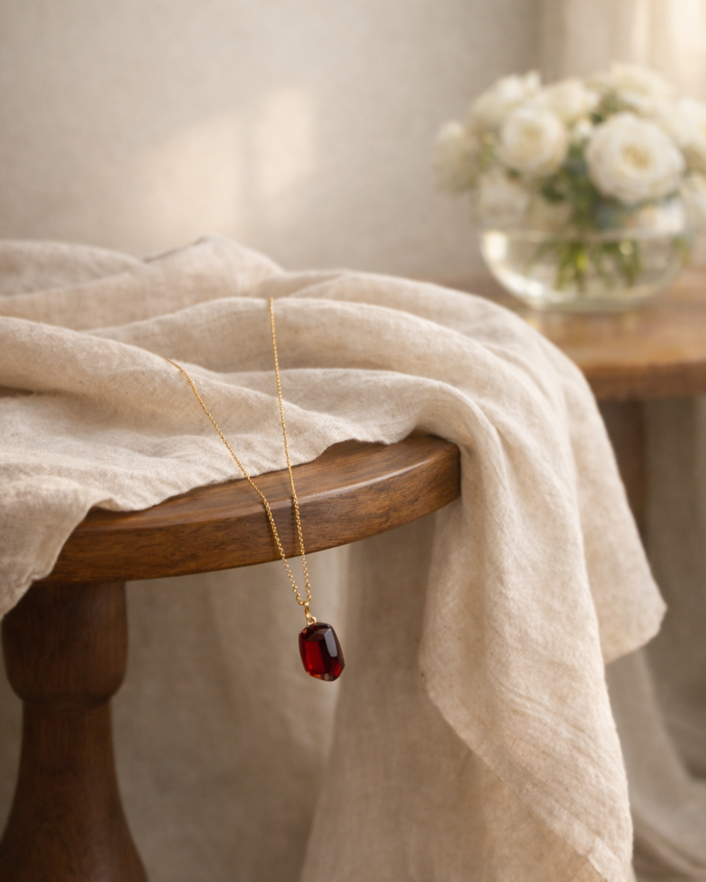 natural garnet pendant chain on gold chain placed on beige fabric with soft aesthetic background