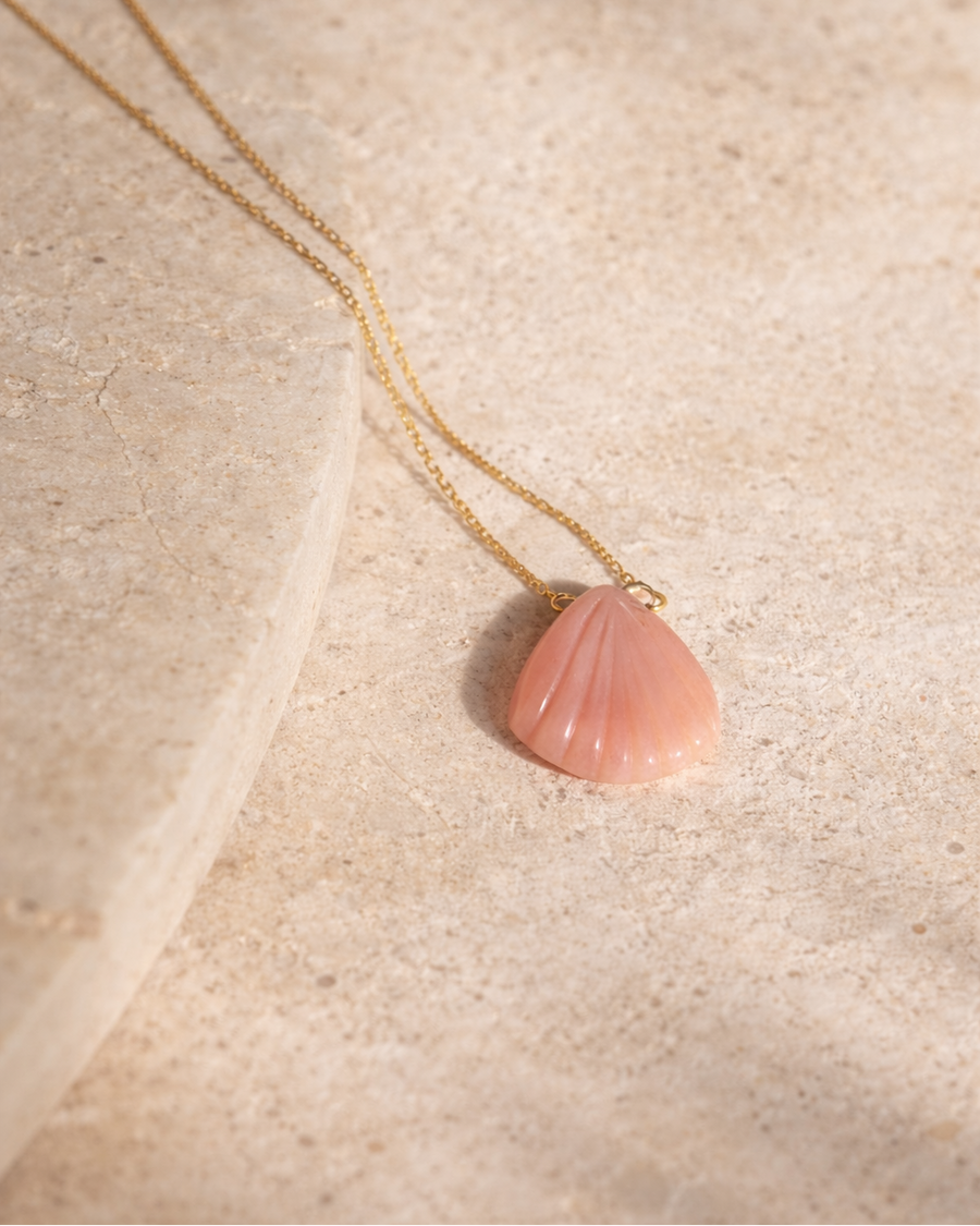 pink opal shell pendant necklace on chain showing soft pink stone
