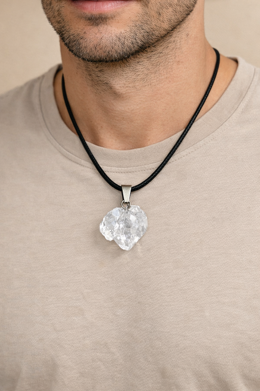 person wearing raw clear quartz pendant minimal jewelry