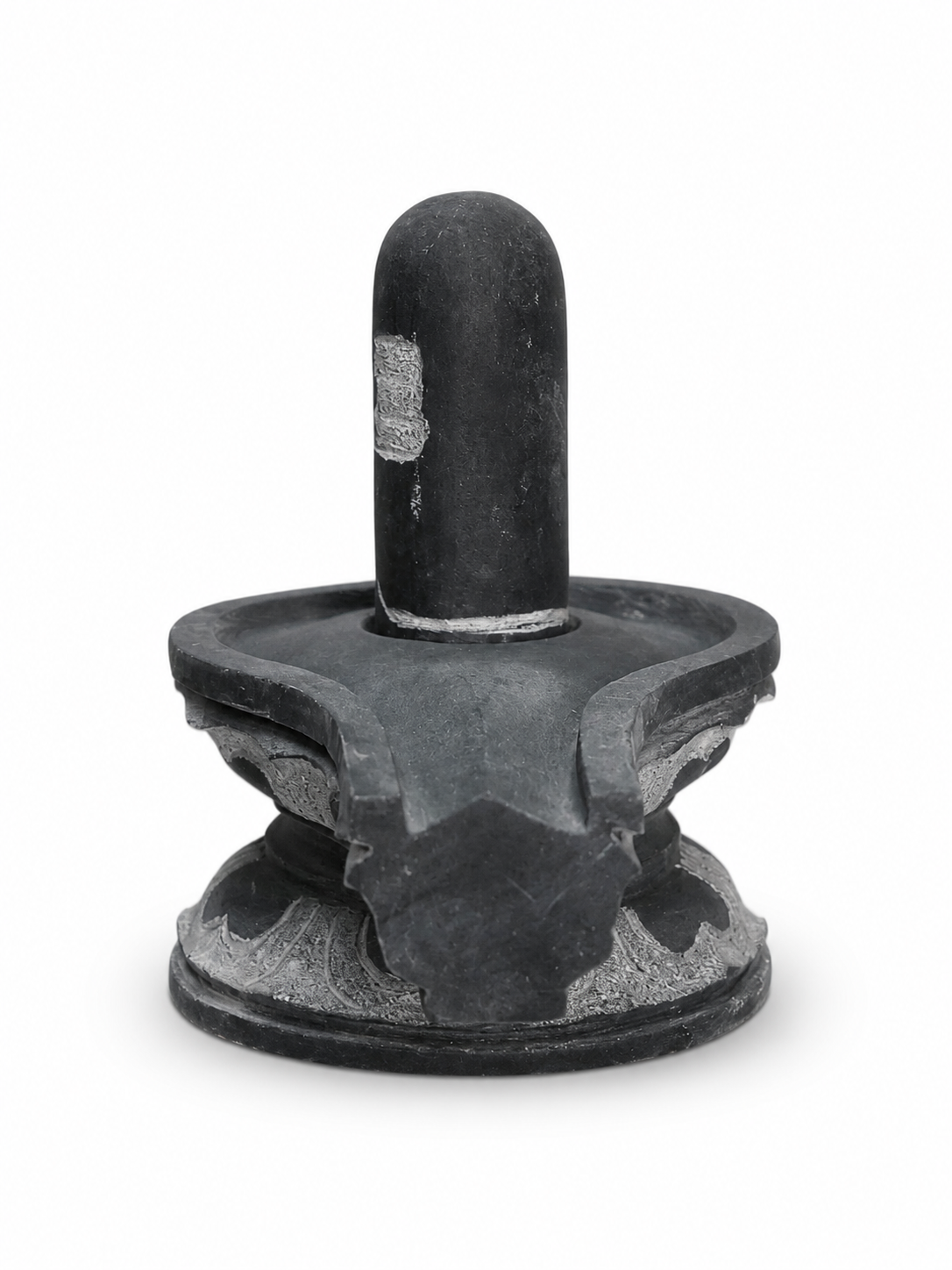 Hand-carved 0.5 ft Third Eye Shiva Lingam statue in natural stone, product view 3 highlighting the sacred carving and form.