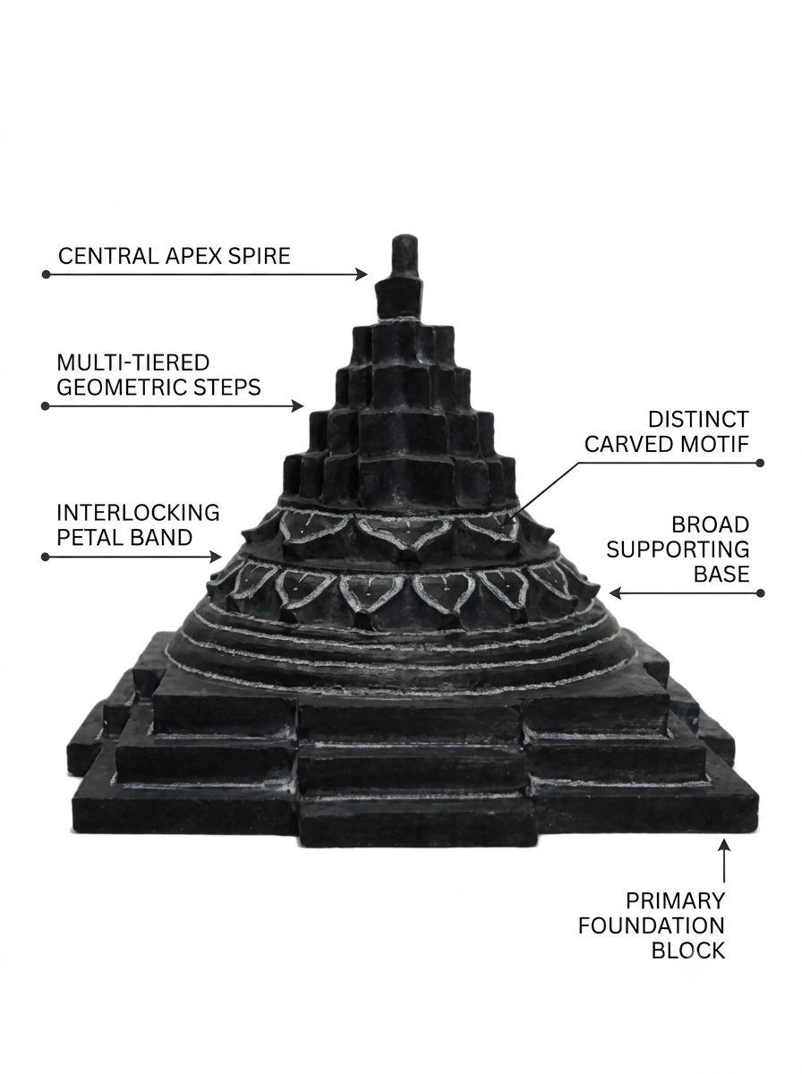 Hand-carved 0.6 ft Sakkara pyramid statue in natural stone, product view 2 highlighting the geometric form and carved details.