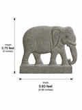 Hand-carved 0.75 ft Airavata celestial elephant statue in polished black stone shown with an adult model for scale.