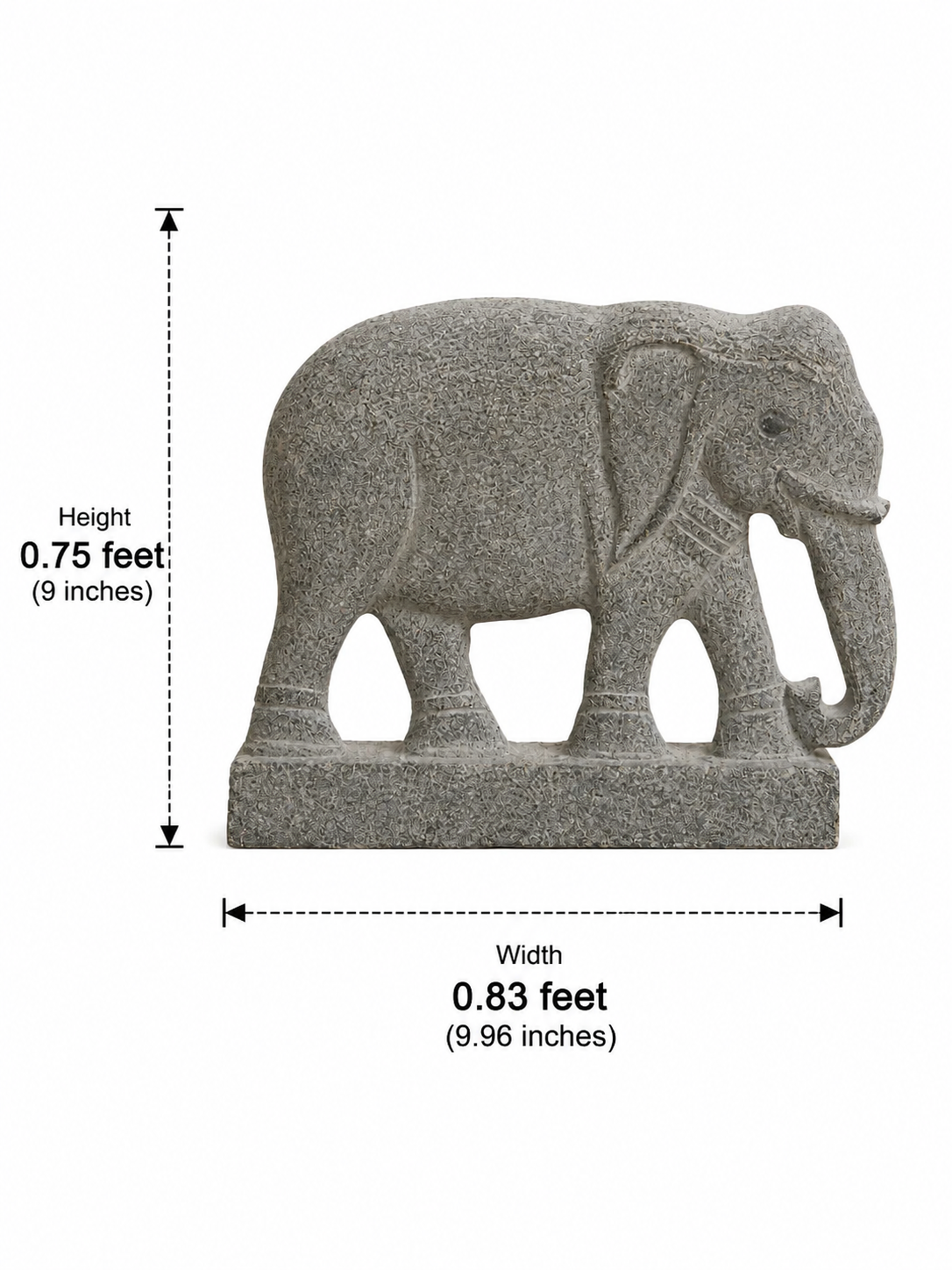 Hand-carved 0.75 ft Airavata celestial elephant statue in polished black stone shown with an adult model for scale.