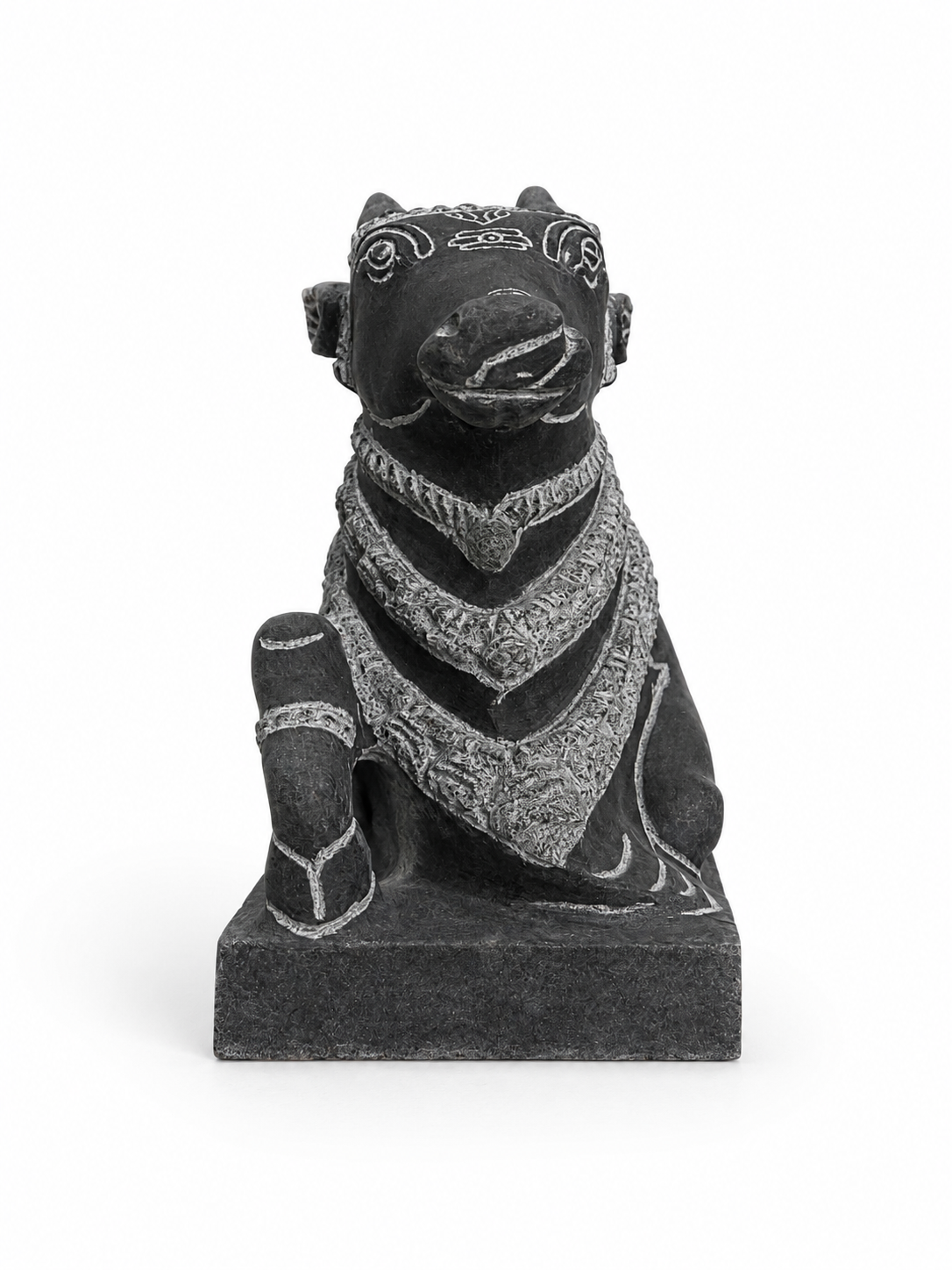 Hand-carved 0.8 ft Adhikara Nandi statue in natural stone, product view 1 highlighting the sculpture and carved details.