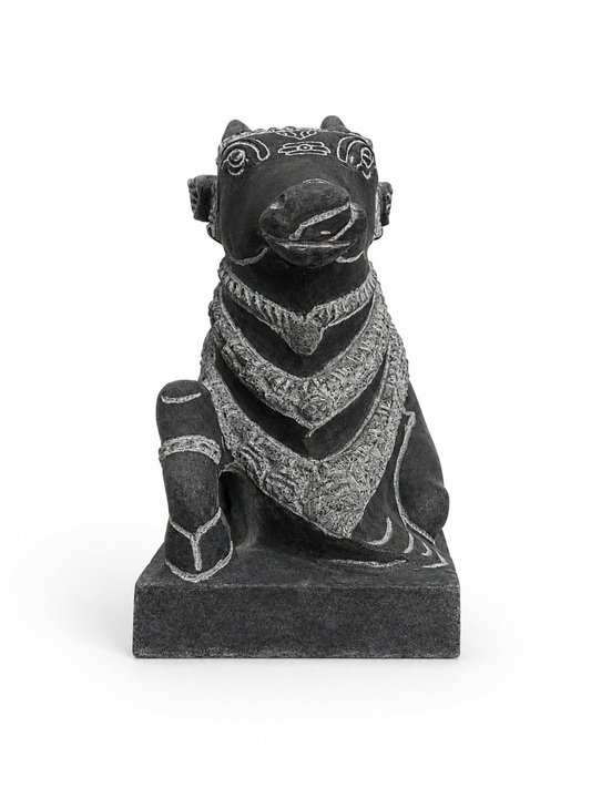 Hand-carved 0.8 ft Adhikara Nandi statue in natural stone, product view 1 highlighting the sculpture and carved details.