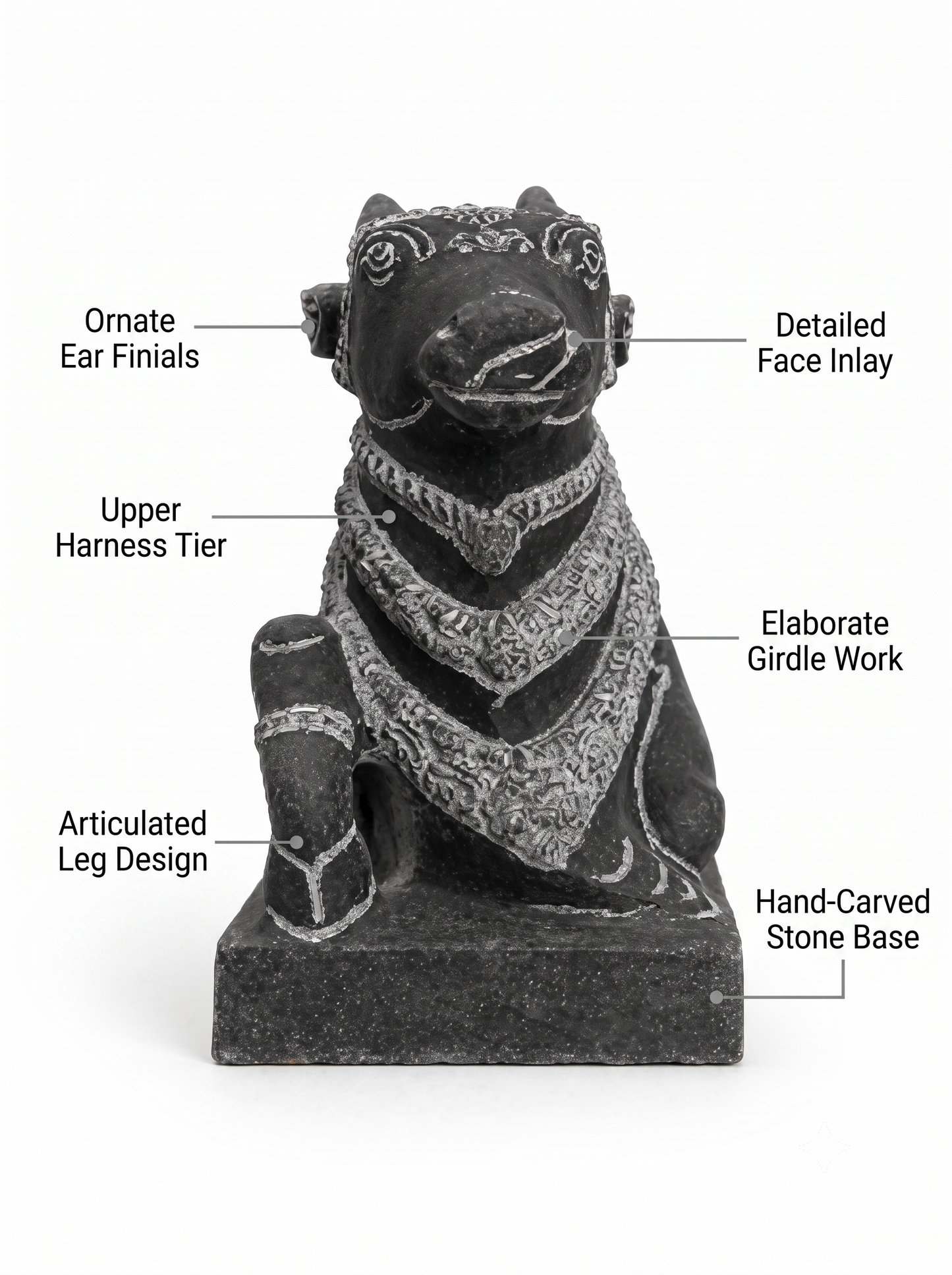 Hand-carved 0.8 ft Adhikara Nandi statue in natural stone, product view 2 highlighting the sculpture and carved details.