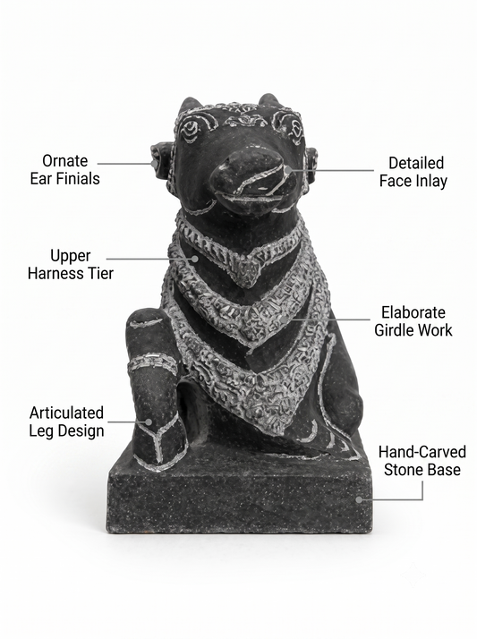 Hand-carved 0.8 ft Adhikara Nandi statue in natural stone, product view 2 highlighting the sculpture and carved details.