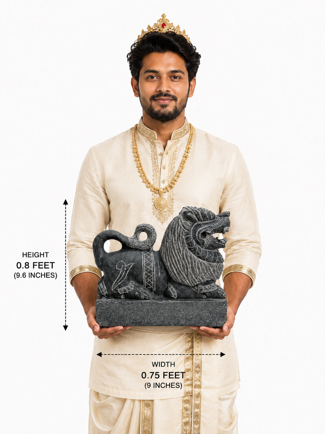 Hand-carved 0.8 ft Simha Vahanam lion statue in polished black stone shown with an adult model for scale and measurements.