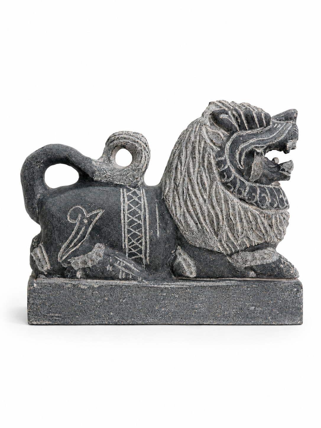 Hand-carved 0.8 ft Simha Vahanam lion statue in natural stone, product view 1 highlighting the animal form and carved details.