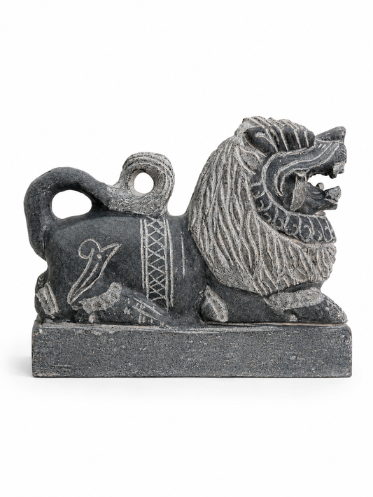 Hand-carved 0.8 ft Simha Vahanam lion statue in natural stone, product view 1 highlighting the animal form and carved details.