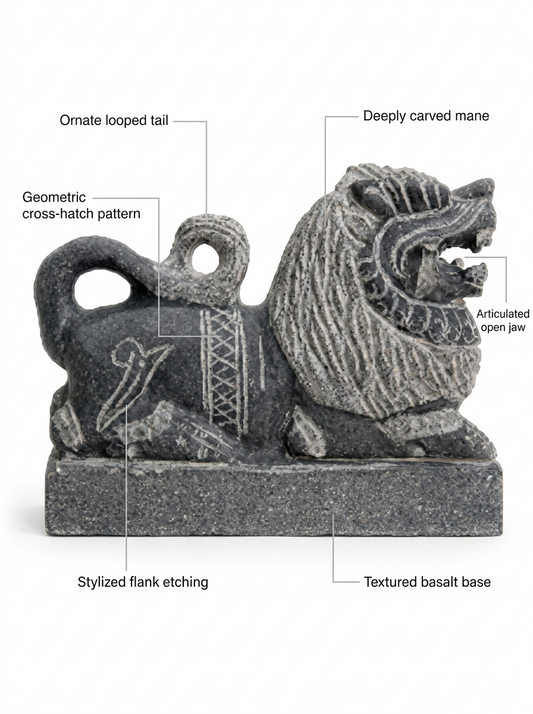Hand-carved 0.8 ft Simha Vahanam lion statue in natural stone, product view 2 highlighting the animal form and carved details.