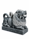 Hand-carved 0.8 ft Simha Vahanam lion statue in natural stone, product view 3 highlighting the animal form and carved details.