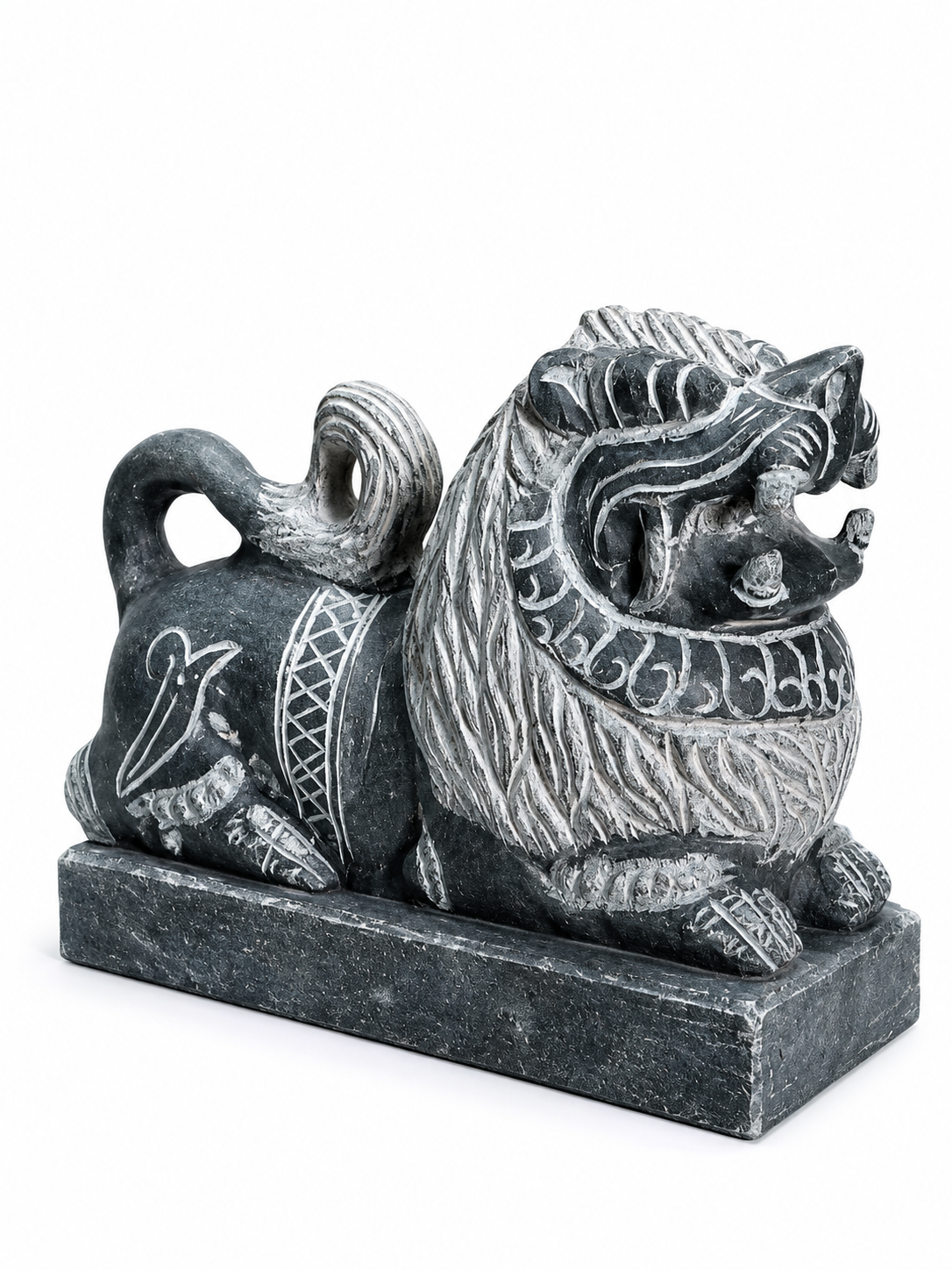 Hand-carved 0.8 ft Simha Vahanam lion statue in natural stone, product view 3 highlighting the animal form and carved details.