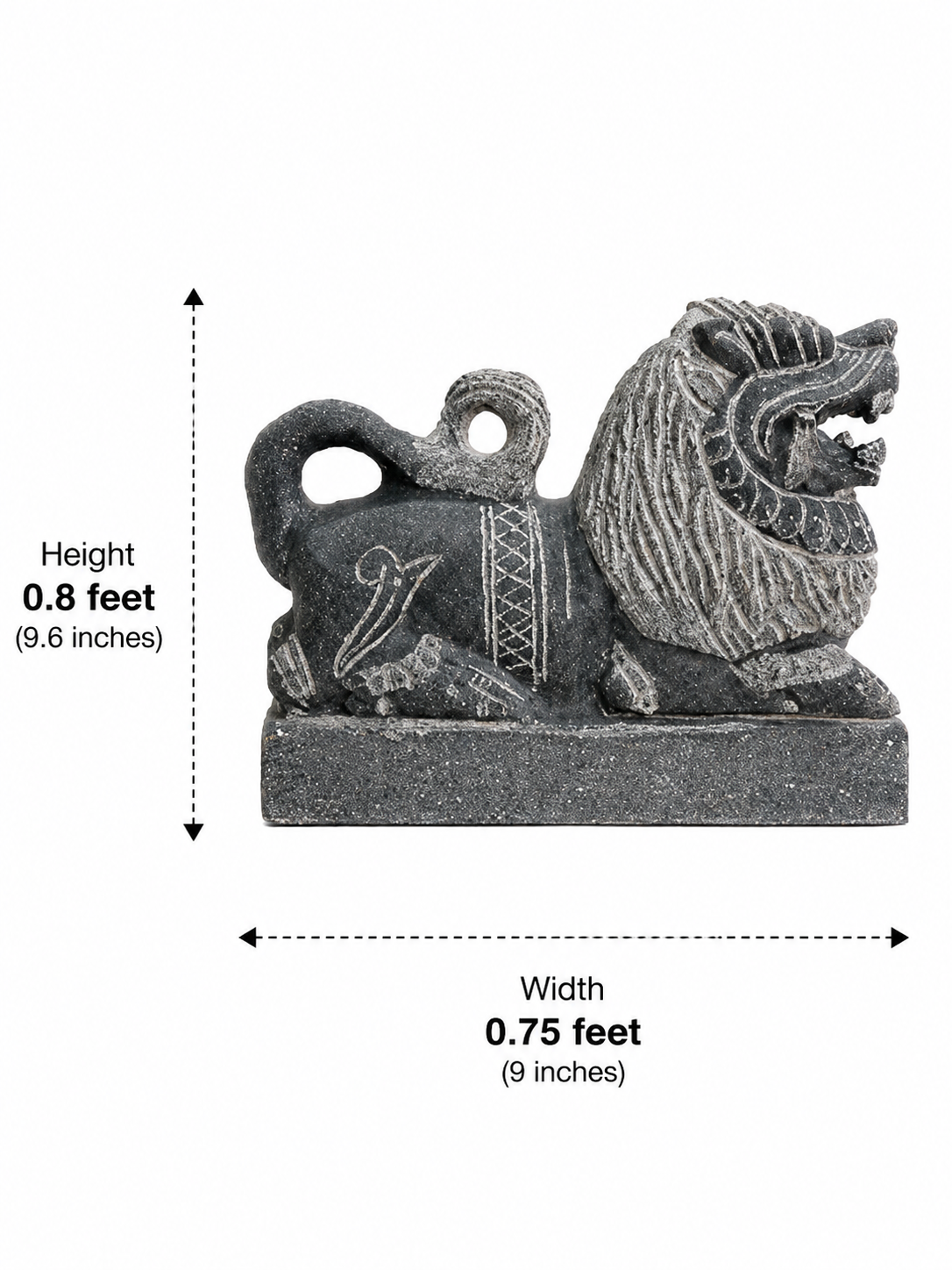 Hand-carved 0.8 ft Simha Vahanam lion statue in natural stone, product view 6 highlighting the animal form and carved details.