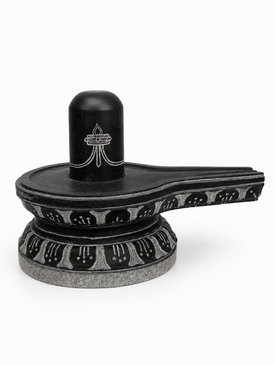 Hand-carved 0.8 ft Tripundra Shiva Lingam statue in natural stone, product view 1 highlighting the sacred markings and form.