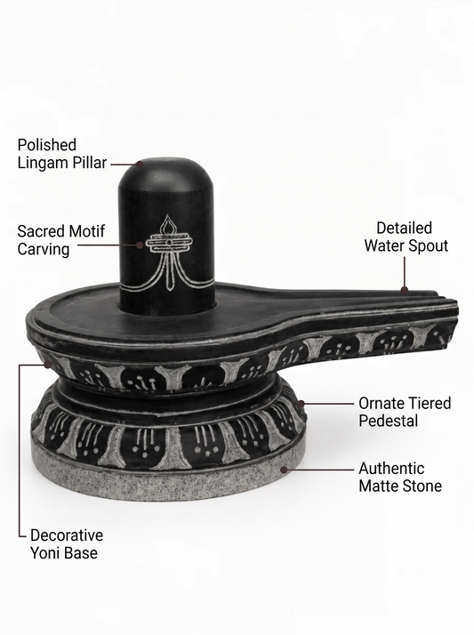Hand-carved 0.8 ft Tripundra Shiva Lingam statue in natural stone, product view 2 highlighting the sacred markings and form.