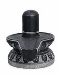 Hand-carved 0.8 ft Tripundra Shiva Lingam statue in natural stone, product view 3 highlighting the sacred markings and form.
