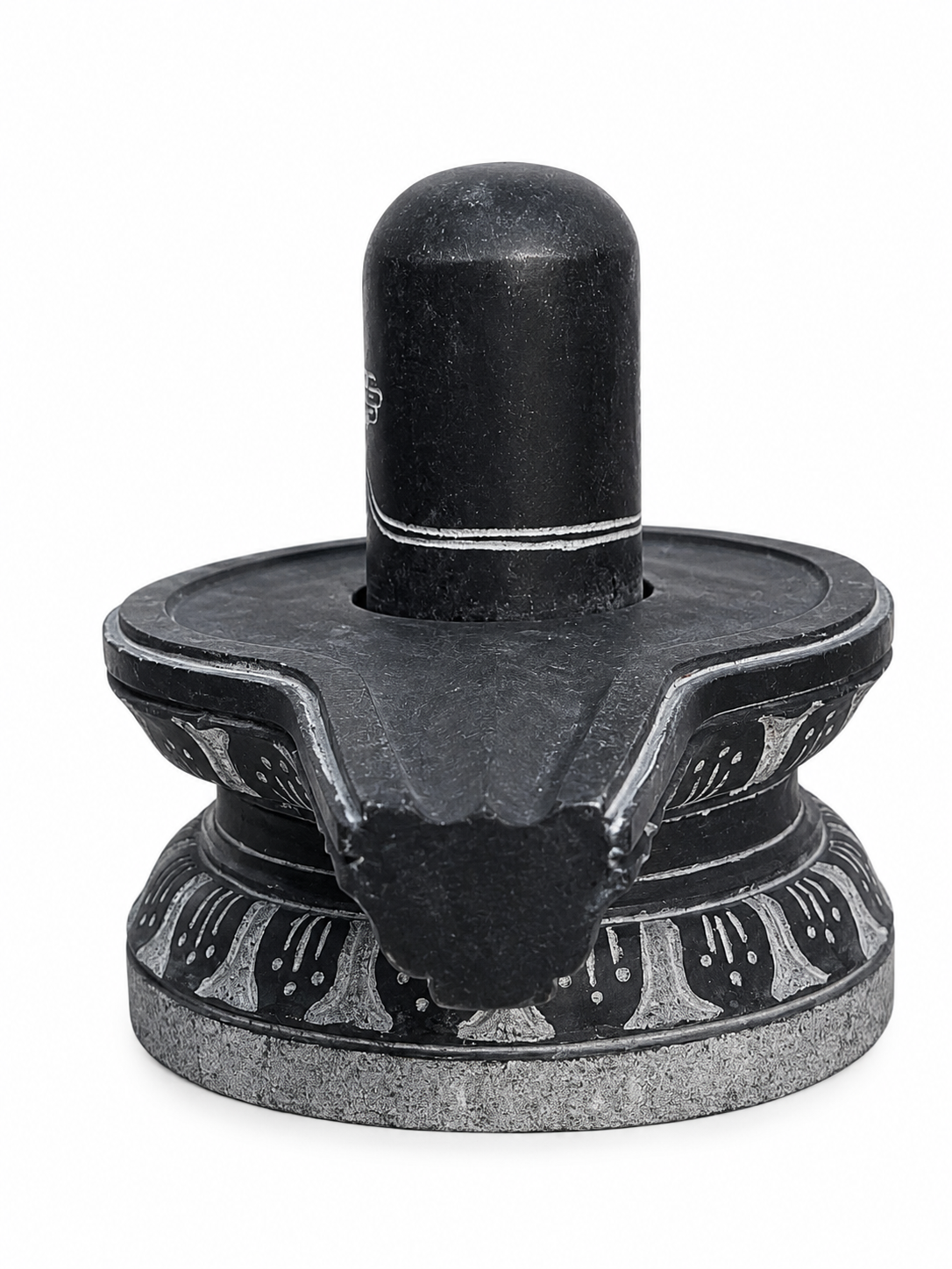 Hand-carved 0.8 ft Tripundra Shiva Lingam statue in natural stone, product view 3 highlighting the sacred markings and form.