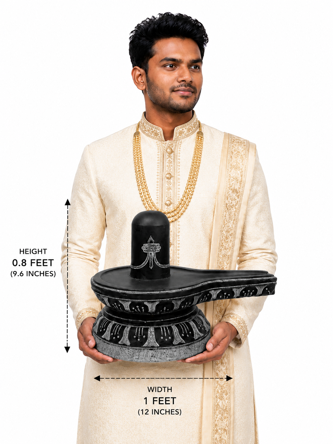 Hand-carved 0.8 ft Tripundra Shiva Lingam statue in polished black stone shown with an adult model for scale and measurements.