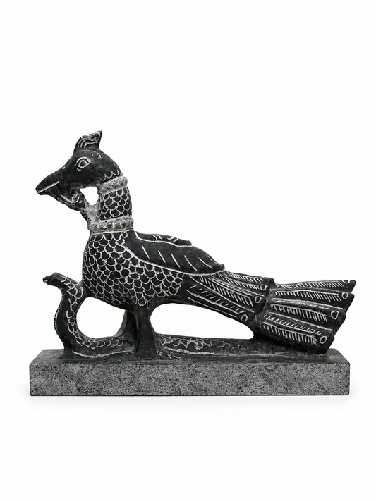 Hand-carved 0.83 ft Mayil Vahanam peacock sculpture in natural stone, product view 1 highlighting the carved form and details.