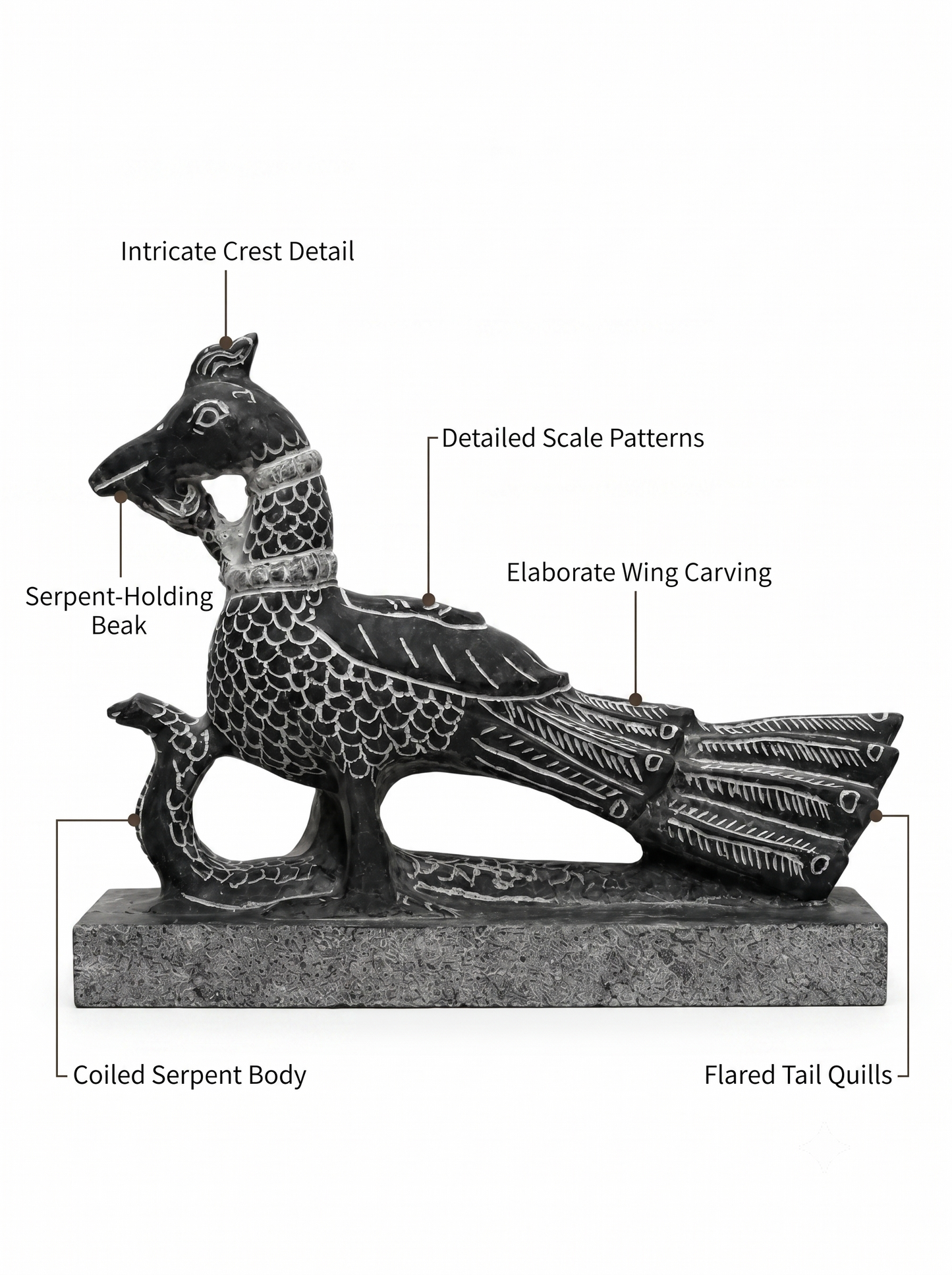 Hand-carved 0.83 ft Mayil Vahanam peacock sculpture in natural stone, product view 2 highlighting the carved form and details.