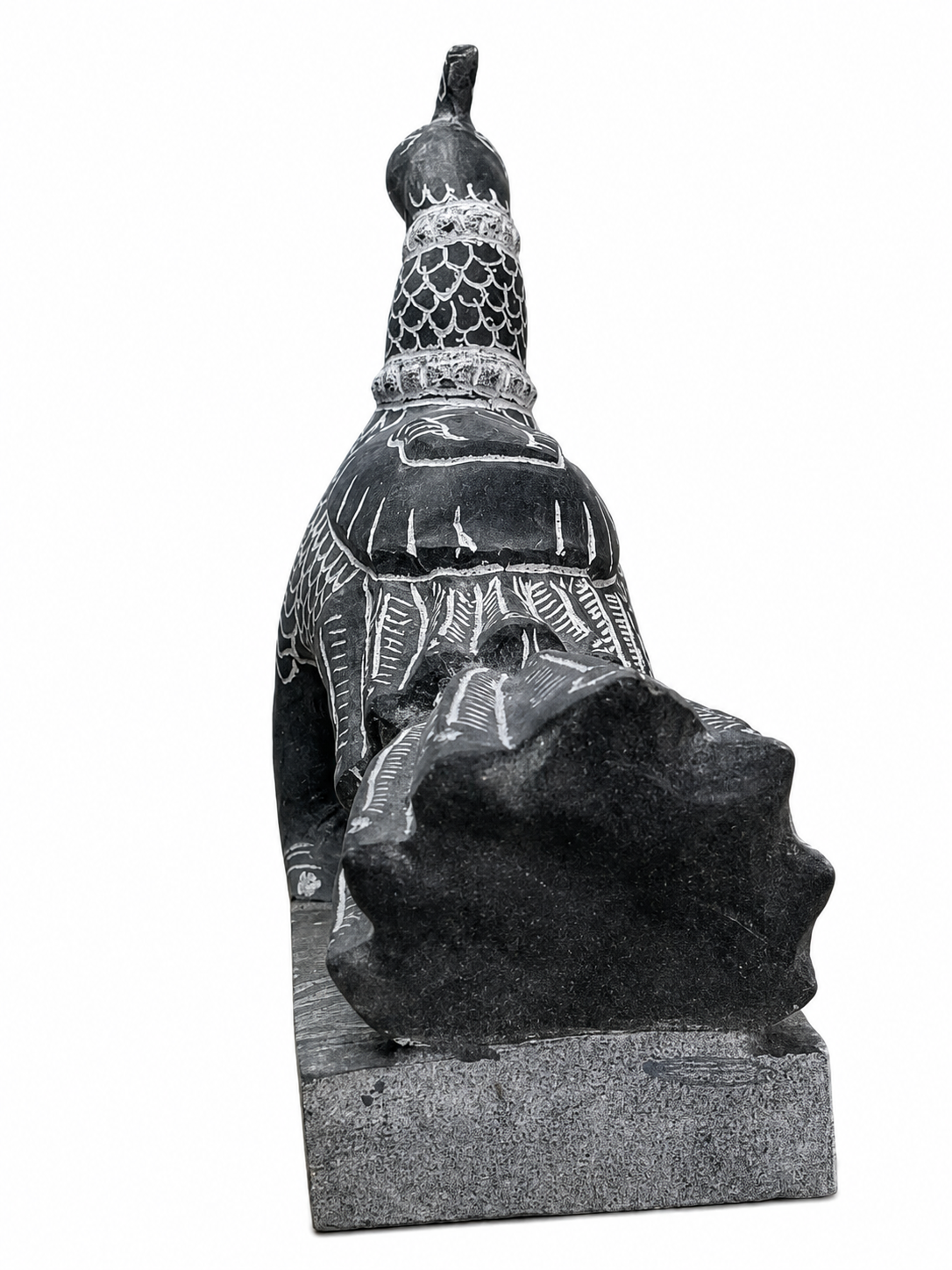 Hand-carved 0.83 ft Mayil Vahanam peacock sculpture in natural stone, product view 3 highlighting the carved form and details.