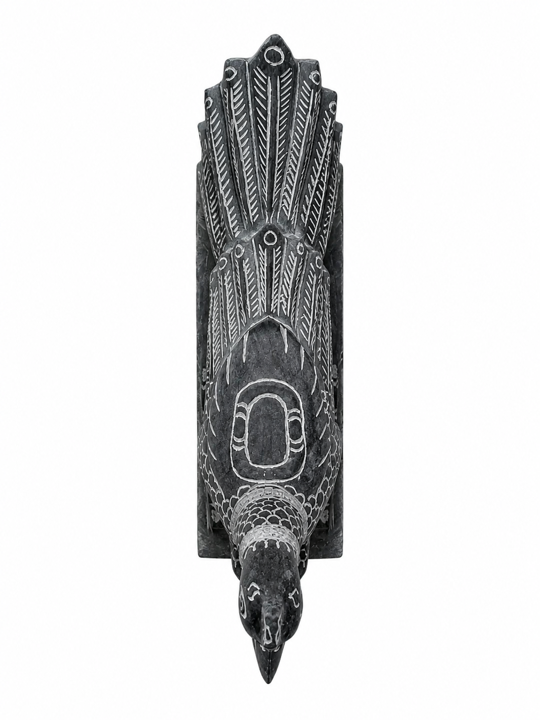 Hand-carved 0.83 ft Mayil Vahanam peacock sculpture in natural stone, product view 4 highlighting the carved form and details.