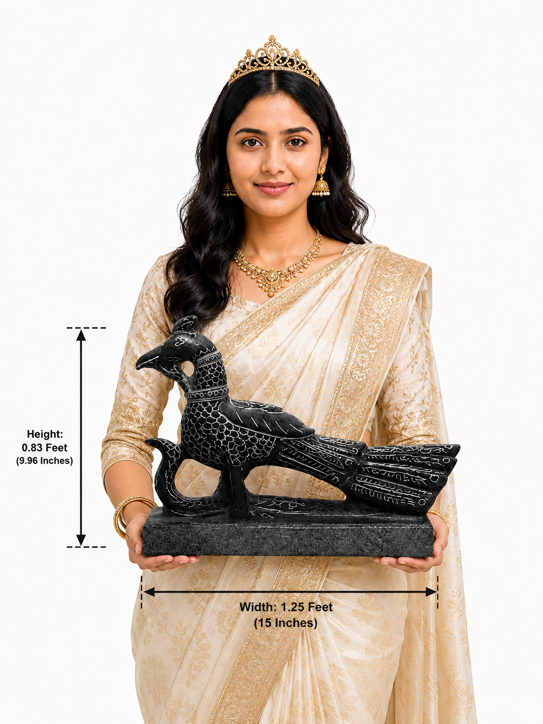 Hand-carved 0.83 ft Mayil Vahanam peacock sculpture in polished black stone shown with an adult model for scale.