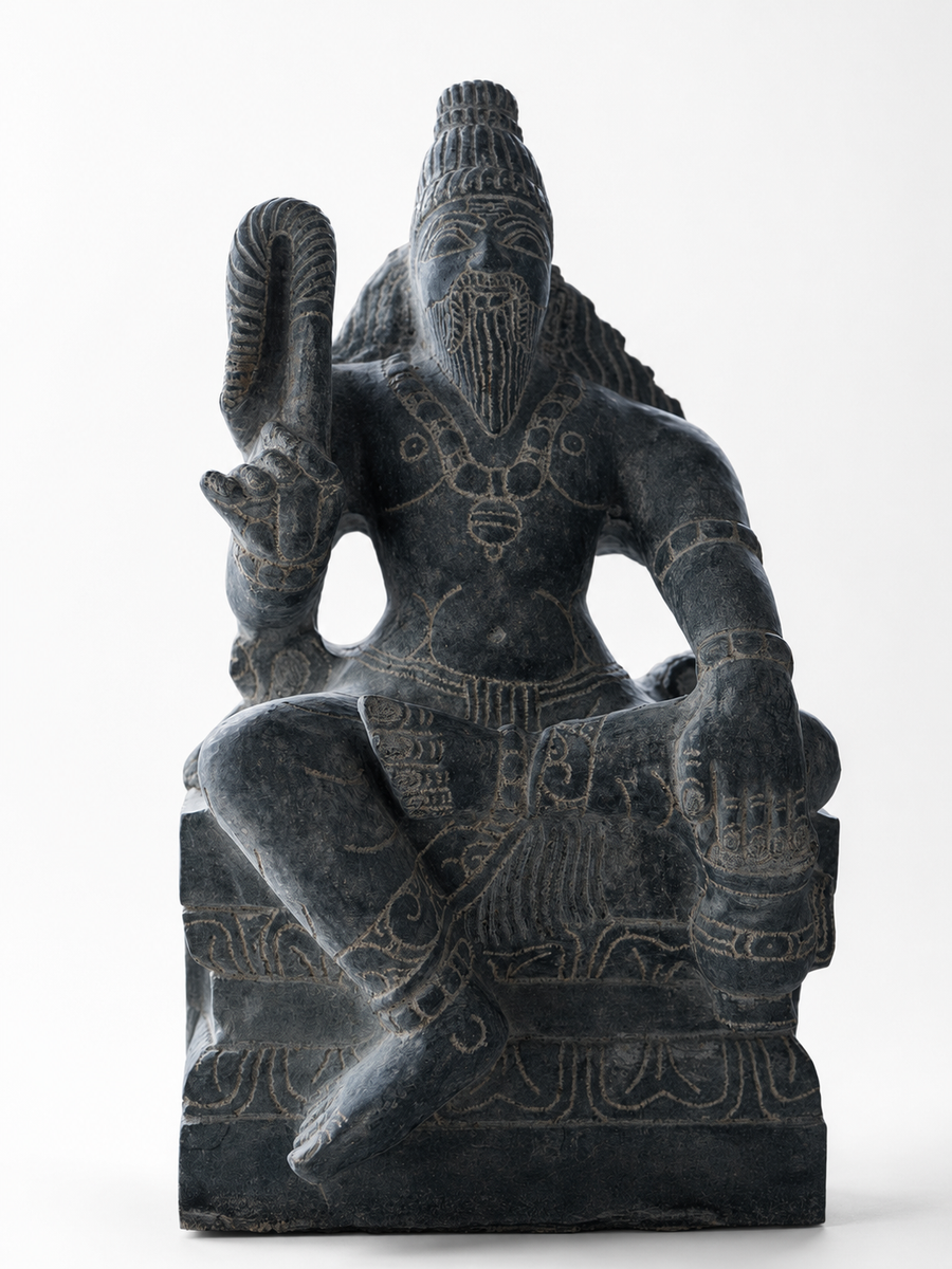 Hand-carved 1.25 ft Agastya Maharishi statue in natural stone, product view 1 highlighting the sage form and carved details.