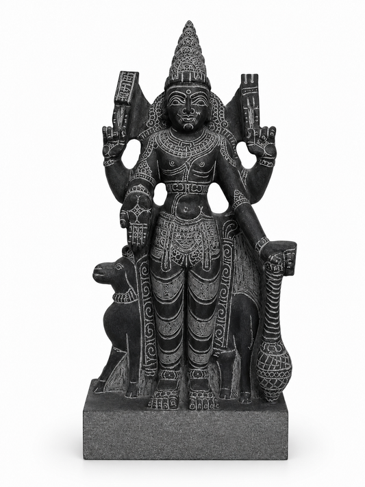 Hand-carved 1.25 ft Angaraka Bhagavan Navagraha statue in natural stone, product view 1 highlighting the planetary deity form and carved details.