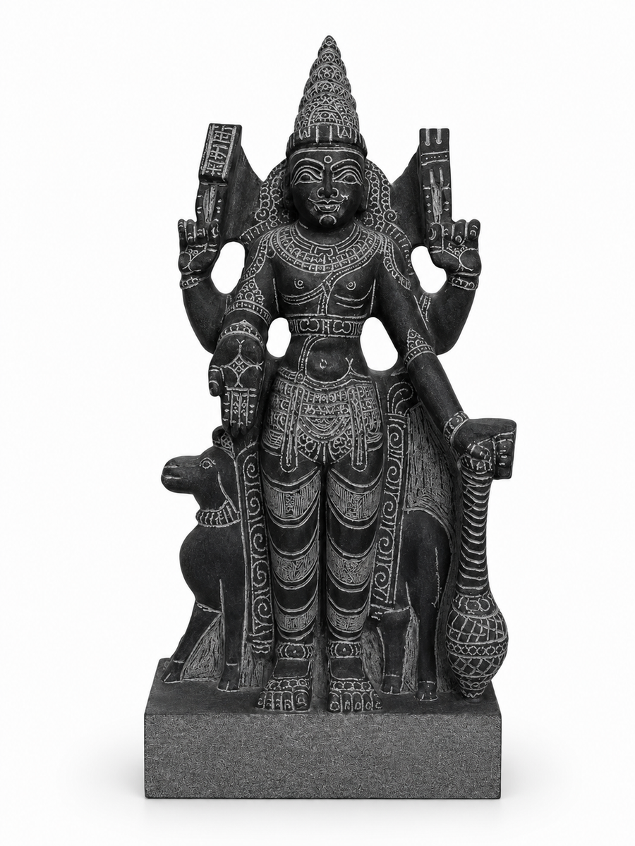 Hand-carved 1.25 ft Angaraka Bhagavan Navagraha statue in natural stone, product view 1 highlighting the planetary deity form and carved details.