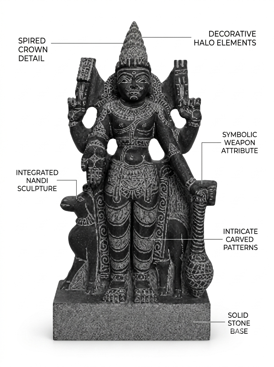 Hand-carved 1.25 ft Angaraka Bhagavan Navagraha statue in natural stone, product view 2 highlighting the planetary deity form and carved details.