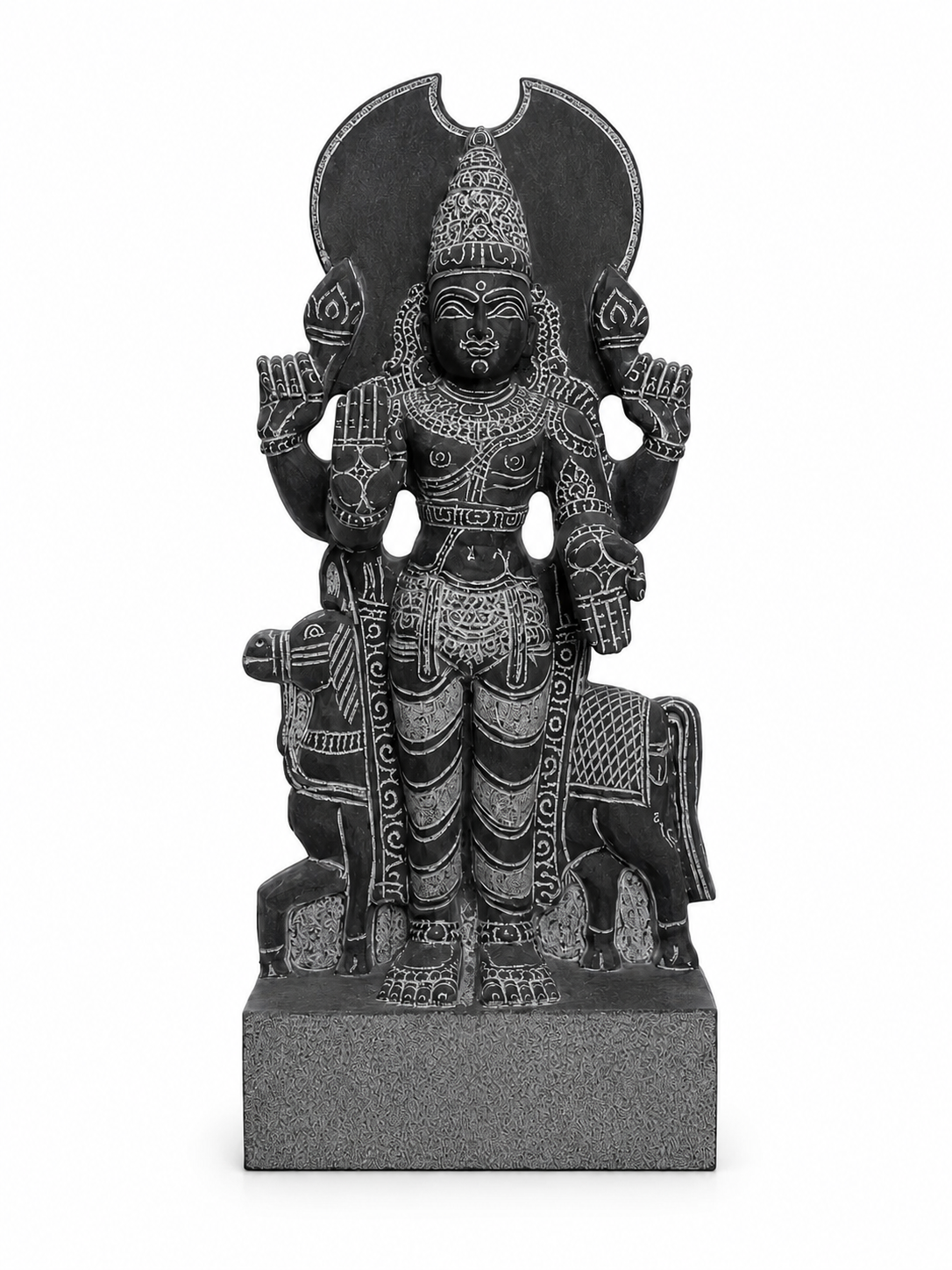 Hand-carved 1.25 ft Chandra Bhagavan statue in natural stone, product view 1 highlighting the Navagraha form and carved details.