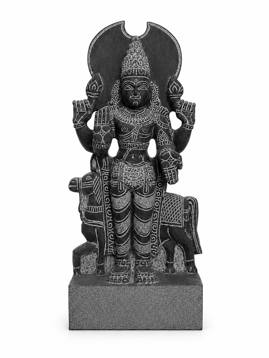 Hand-carved 1.25 ft Chandra Bhagavan statue in natural stone, product view 1 highlighting the Navagraha form and carved details.